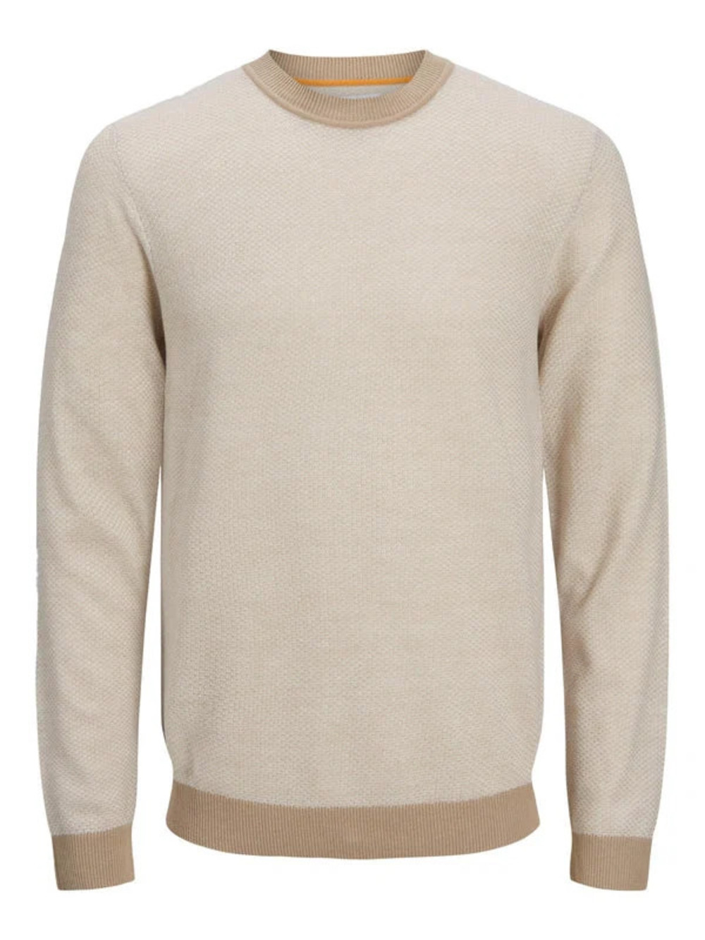 Beige Lightweight Knit Crewneck Sweater With Contrast Sleeve And Collar/5105